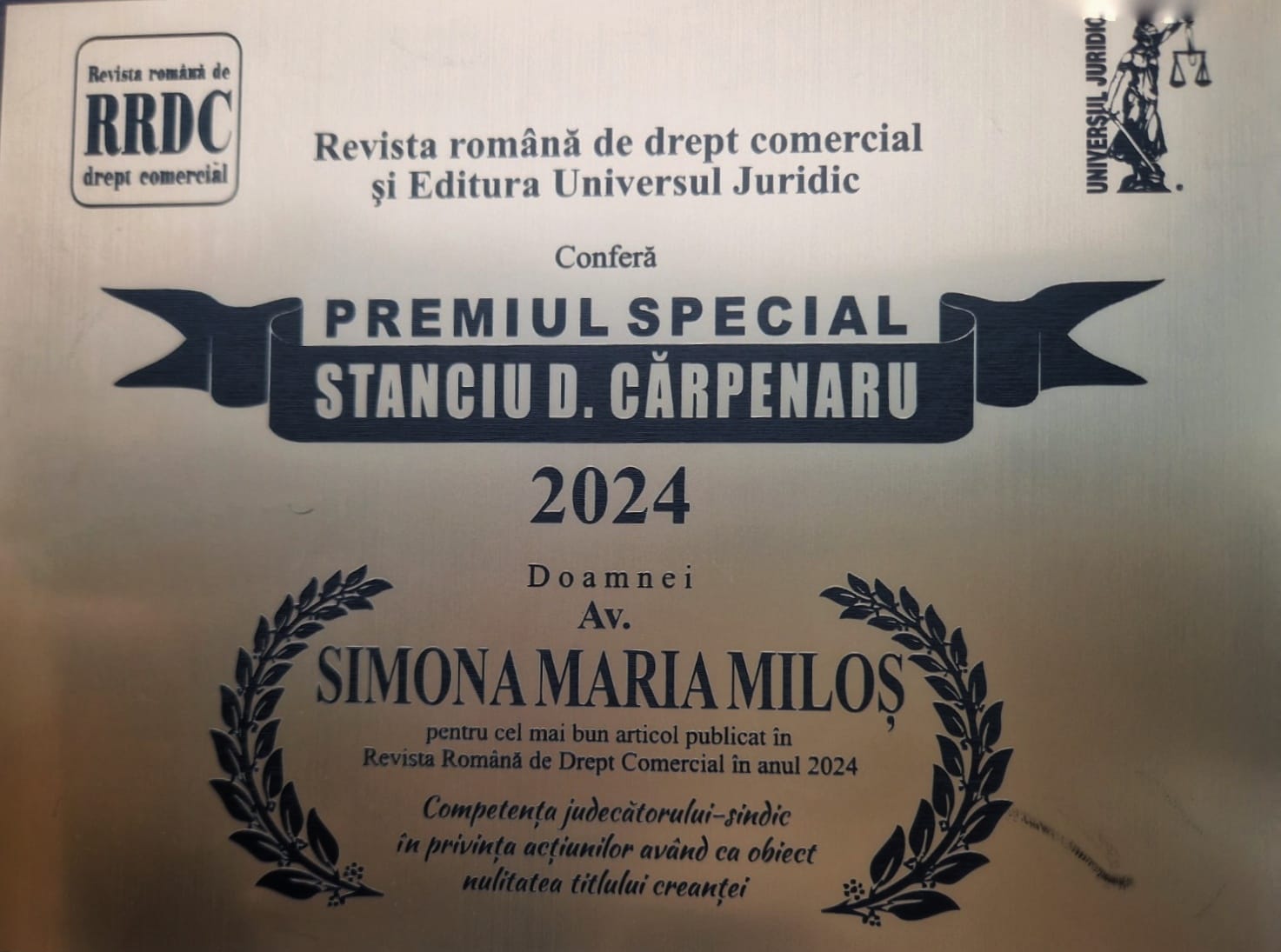 ”Premiul de excelență STANCIU D. CĂRPENARU pentru cel mai bun articol publicat în Revista Română de Drept Comercial în anul 2024”